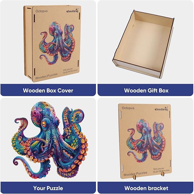 Qiuenisray 500 Piece Puzzles for Adults, Wooden Octopus Jigsaw Puzzles, FSC Certified Cool Puzzles, Unique Shape Ocean Puzzle Piece, Wall Decor, Wood Puzzles Creative Gift for Family Game 16.9x16.9 in