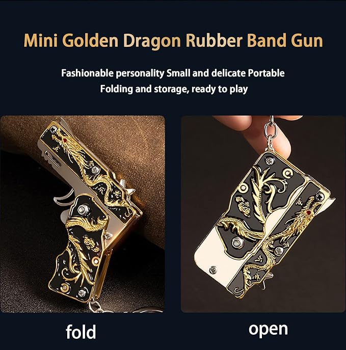 Mini Golden Dragon Rubber Band toy Metal folding keychain Rubber band toy Novel and funny Creative Outdoor party gift (Black Golden Dragon)