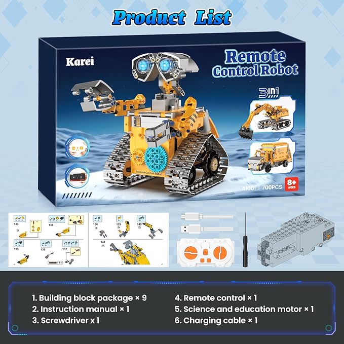 Robot Building Kit Toys for Boys Age 8-12 with 700 Pcs, 3 in 1 Robotics Excavator Garbage Truck with App & Remote Control, Coding Robot Building Set, Birthday Gifts for 8-14 Years Old Boys