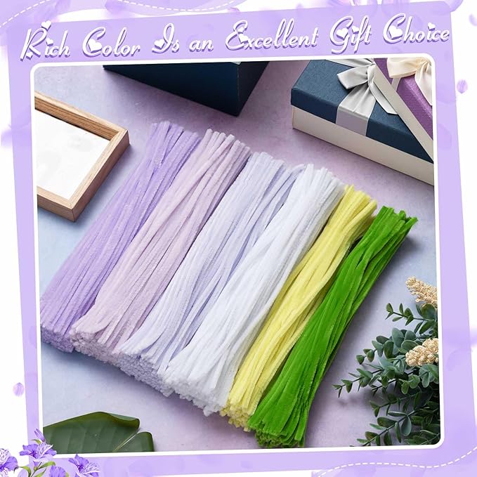 Peryiter 500 Pieces Pipe Cleaners Chenille Stems for Flowers Craft Supplies Bulk Fluffy Fuzzy Sticks for DIY Art Projects Creative Gift Wrapping Party Decorations(Light Purple Flower,12 Inch)
