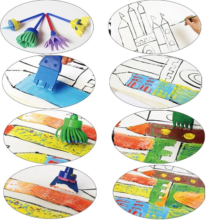 EVNEED Paint Sponges for Kids,29 pcs of Fun Paint Brushes for Toddlers.Coming with Roller,Flower Pattern Brush, Brush Set, Long Sleeve Waterproof Apron with 3 Roomy Pockets