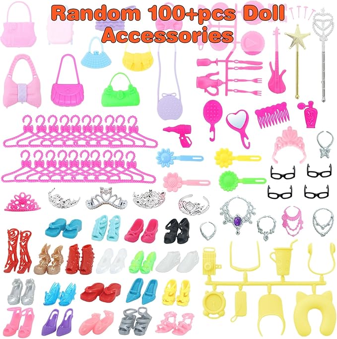 127pcs Doll Clothes Accessories and Closet for 11.5 inch Girl Doll,Dollhouse Wardrobe Storage Fashion Dress Gowns Outfits Swimsuits Tops Bottoms Shoe Rack High Heels Hangers Necklaces for 1/6 Dolls
