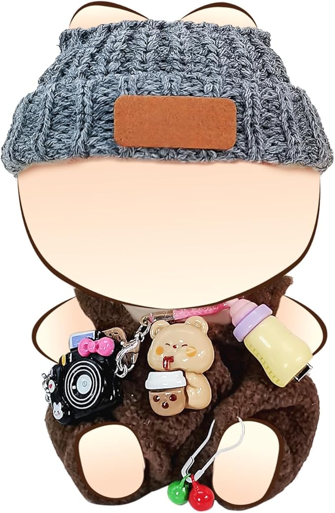 Doll Clothes for 17cm Dolls, Soft Knit Hat, Cozy Overalls, Camera, Bottle & Cute Accessories (No Doll) (Brown)