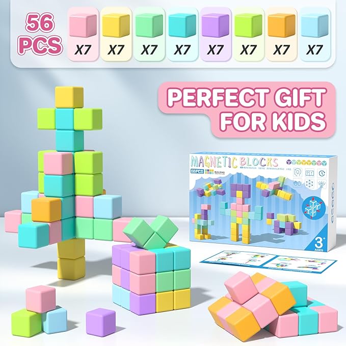 Magnetic Blocks for Toddlers 1-3, 56PCS 1.34in Large Macaron Magnet Building Cubes for Kids, Stem Preschool Stack Construction Educational Toys for 3-5 Years Old Boys Girls