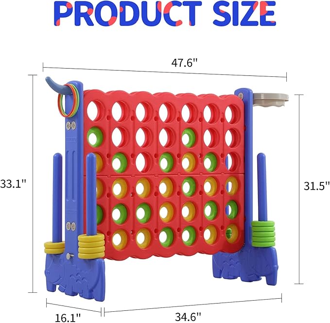 UNICOO Giant 4-in-a-Row Game with Carry Bag, 3-in-1 Jumbo 4-to-Score Outdoor Yard Game with Basketball Hoop, Ring Toss, Quick-Release Slider, 42 Rings, Family Party Game for Kids & Adults