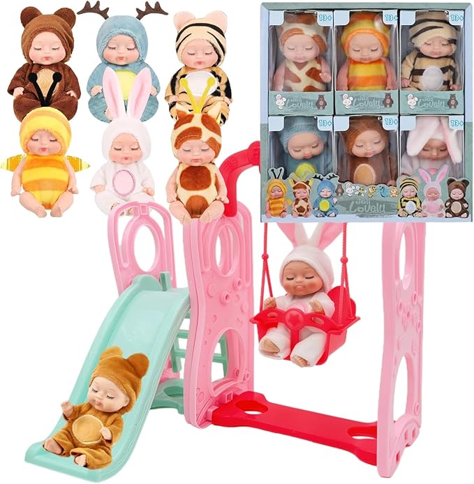 6 Pcs Mini Baby Dolls Set 4 Inch Small Baby Dolls with Animal Clothes and Slide Swing Toys (Dolls C)