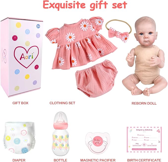 Aori Lifelike Reborn Baby Dolls Girl 20 inches - Realistic Newborn Doll with Soft Cloth Body and Feeding Toy Set, Gift for Seniors, Collectors and Kids 3+