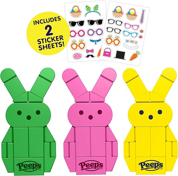 Brickcraft Peeps Bunny Building Set, Easter Brick Figures 3 Pack in Pink Yellow and Green, 63 Piece Building Toy, Ages 8 Plus, Spring Holiday Display Models, Official Peeps Licensed Set with Stickers