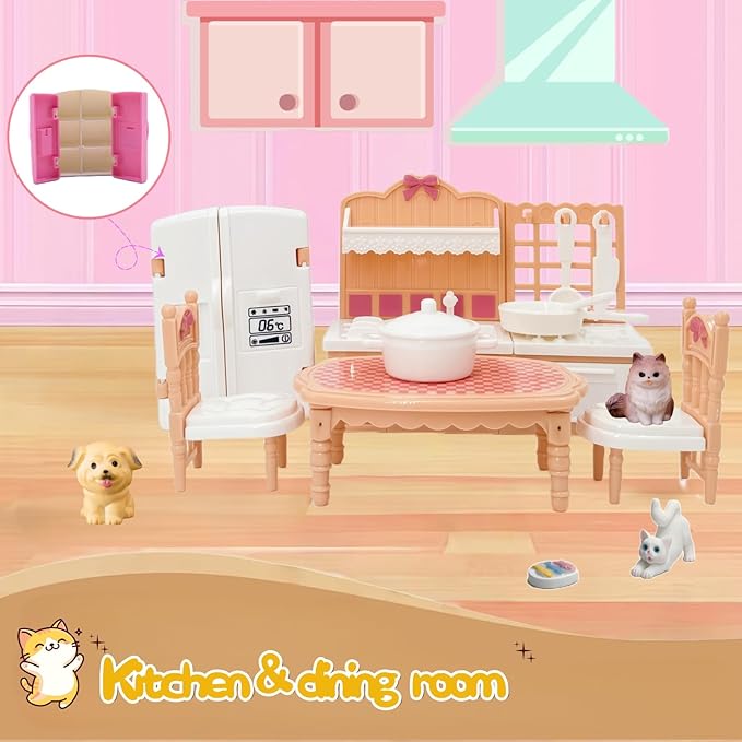 Dollhouse Furniture Set, Complete Room Collection with Kitchen, Dining, Living Room, Bedroom and Bathroom Accessories, Plastic (36-Piece Hrown)