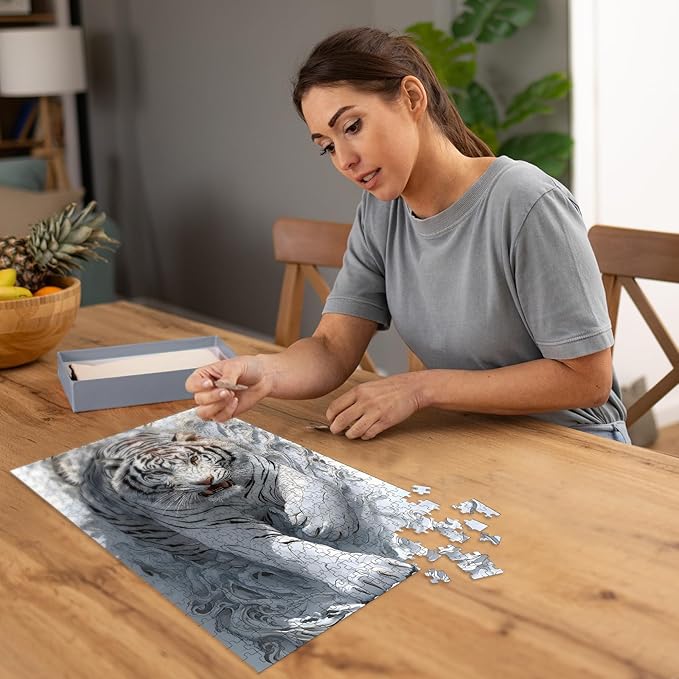 Puzzles for Adults 500 Pieces, Tiger Jigsaw Puzzles - Ethereal White Tiger, Impossible Tiger Puzzle for Seniors Families, 20.47x14.96 inches, 1:1 Poster, Letter on The Back