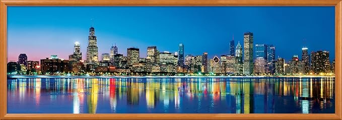 Masterpieces 1000 Piece Chicago Puzzle Panoramic Skyline Jigsaw, Windy City Landmark Design with Lake Michigan and Willis Tower, Premium Random Cut Puzzle Pieces, 13 x 39 Collectible Display Art Print