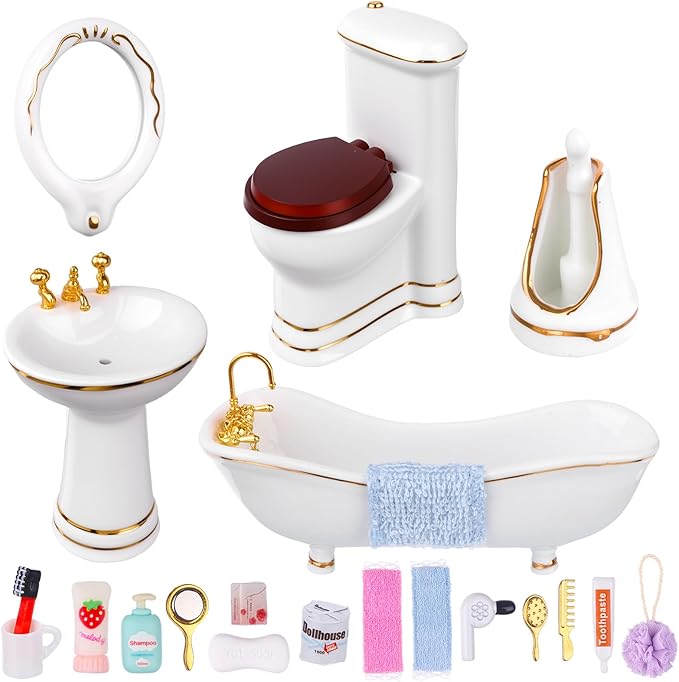 1:12 Dollhouse Miniature Porcelain Bathroom Set 5Pcs White Ceramic Toilet Basin Bathtub Mirror Miniature Furniture with 15Pcs Doll Accessories Comb,Bathball,Water Cup,Toothbrush Toothpaste