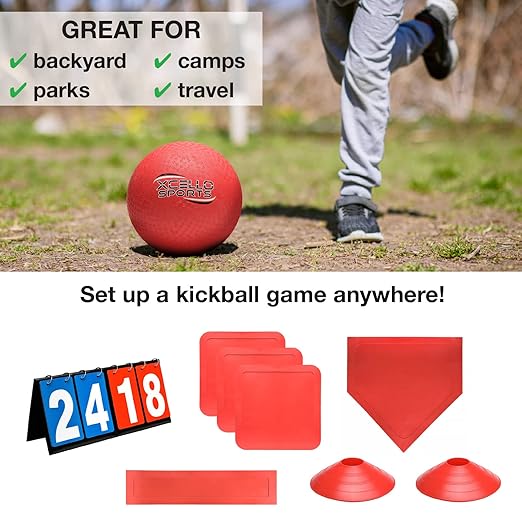 Kickball Set - 10" Playground Ball, Throw Down Bases, Foul Marker Discs, 12" Pump and Scoreboard
