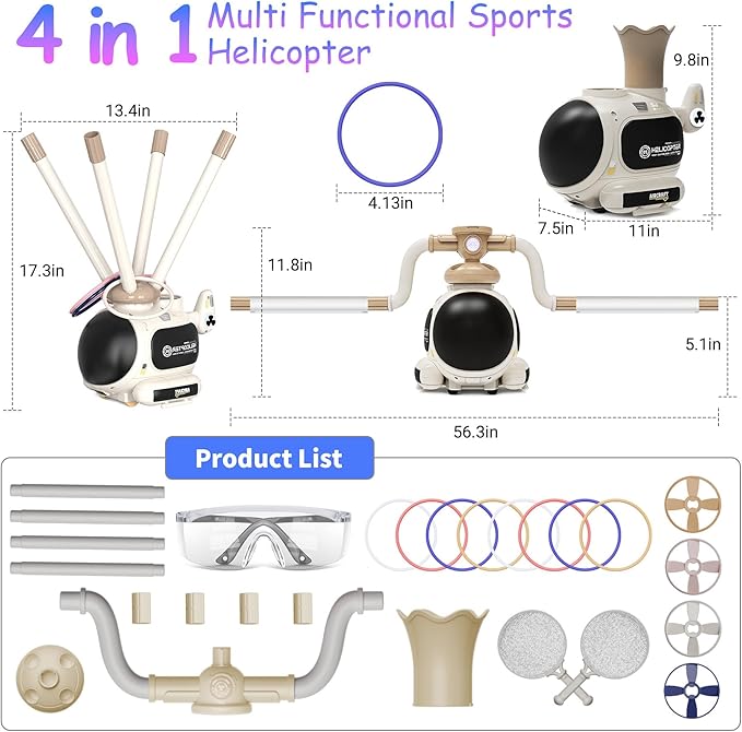 4-in-1 Music Jumping Toy Car,Dual Rotating Poles for Jumping & Dodging,Auto Flying Disc Launcher with Catching Net,Spinning Pole for Ring Toss,Kids outdoor toys,Games for Kids Boys and Girls (White)