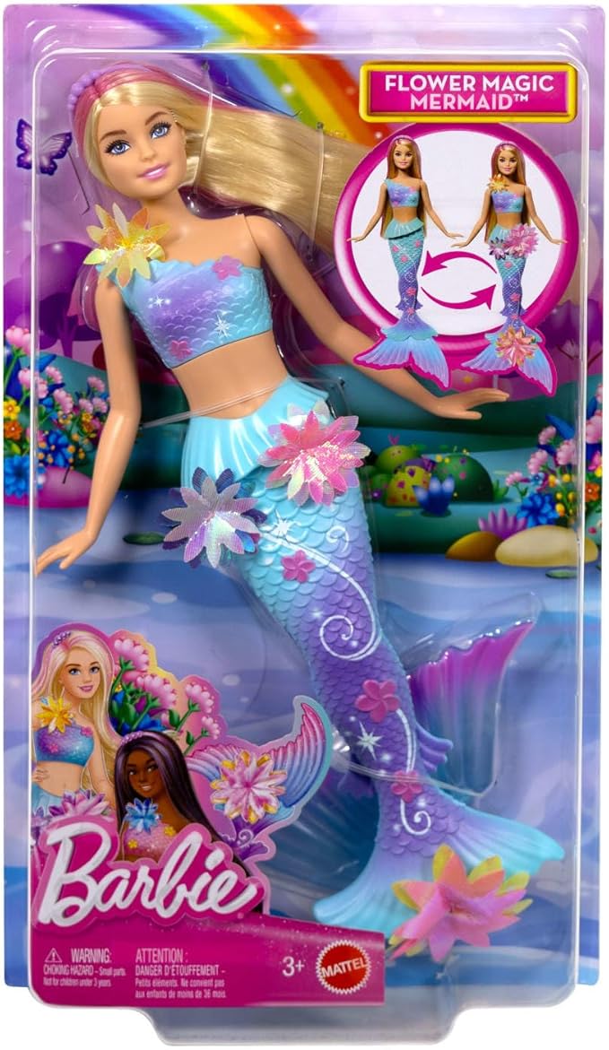 Barbie Mermaid Toy Dolls with Surprise Magic Blooming Flowers Feature, Ombre Tails, Pearl Headband Accessory & Long Blonde Hair with Pink Highlights