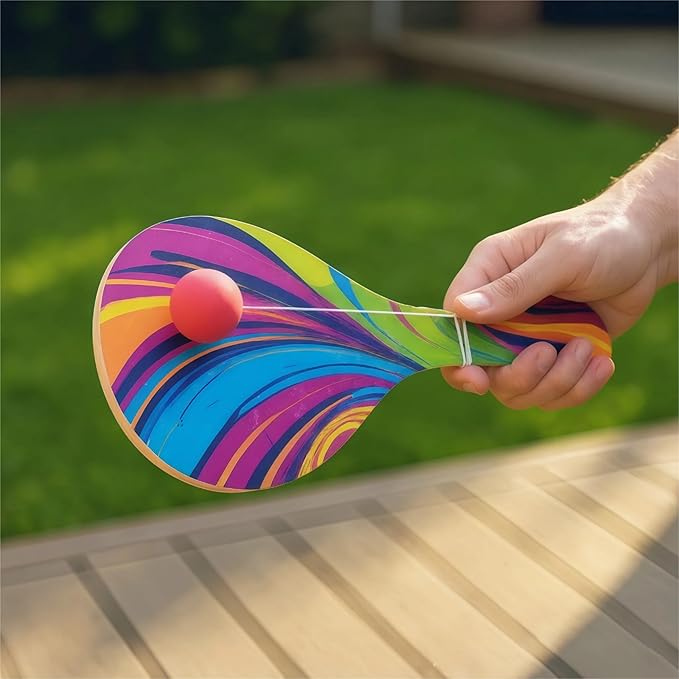 Psychedelic Paddle Ball Set of 16 – Vintage Wooden Paddle Ball with String | Retro 90s Party Favors, Carnival Prizes & Fun Desk Game for Adults – Indoor Outdoor Game