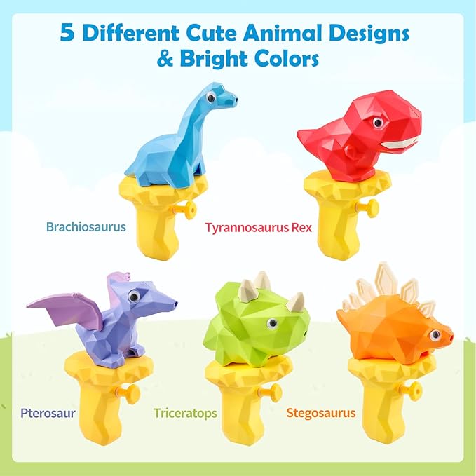 5PCS Dinosaur Squirt Guns for Toddlers, Summer Pool Toys, Outdoor Water Blasters for Kids 2-6