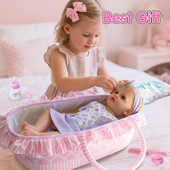 10 Pcs Reborn Baby Doll Clothes with Bassinet for 17-22 Inch Reborn Dolls, Baby Girl Doll Outfits Floral Dress Newborn Baby Doll Accessories Set - Feeding and Caring Set with Bottle Magnetic Pacifier