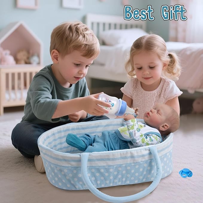 Reborn Baby Dolls Bassinet Blue Crib Bed Soft Toddler Doll Carrier for 18-24 Inch Baby Doll Accessories Baskets with Handle (Blue)