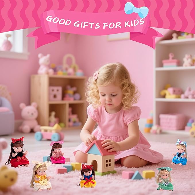 dollbie 6 Pack 4 Inch Mini Fashion Doll Collection - 6 Unique Stylable Hair Dolls with Rotatable Limbs & Cute Outfits | Collectible Toy Gift for Kids