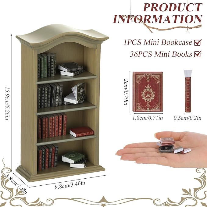 36 Pcs 1:12 Scale Miniatures Dollhouse Books and 1 Wooden Bookcase,4 Floors Furniture Display Bookshelf Cabinet Mini Assorted Books,Dollhouse Decoration Accessories for Home Bedroom