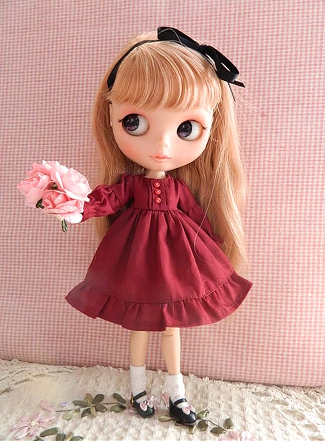 Doll Clothing Fashion Dress for Blyth,Ob24,Licca,Azone BJD Doll Clothes Toys Accessories Gifts (Wine red) (Only Clothes)