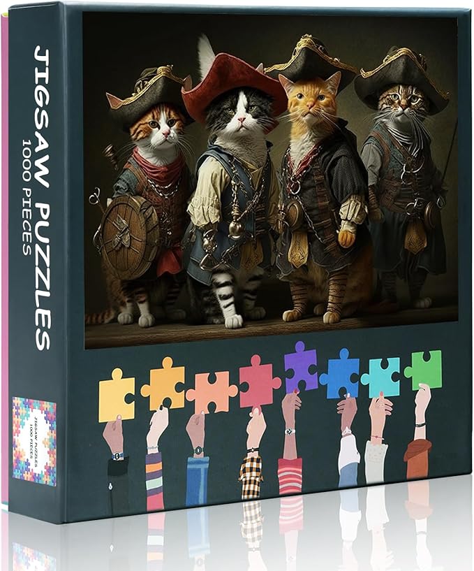 Pirates Cat Puzzles for Adults 1000 Pieces, Group of Cats Jigsaw Puzzles, Costume Party Adult Puzzle for Adults, Educational Fun Games or Toys for Elders Friends 20X27 INCH