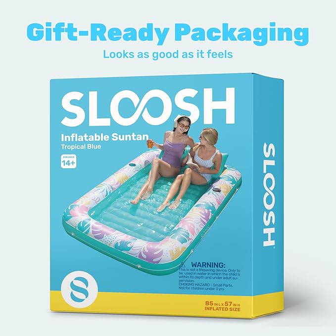SLOOSH Inflatable Tanning Pool Lounger Float, 85" x 57" Pool Floats Adult with Pillow, 4 in 1 Suntan Tub Raft Floatie,Sunbathing Bed Lounge for Water Blow Up Ball Pit Party Gifts, L-Tropical Blue