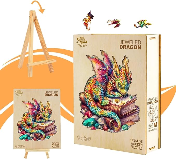 Wooden Puzzles for Adults - Jeweled Dragon Puzzle, Unique Shape Wooden Jigsaw Puzzle for Adults, Wood Puzzles Adult, Good Gift Idea for Friends, Home Decor (M-11.4 * 10.7in 185 Pieces)