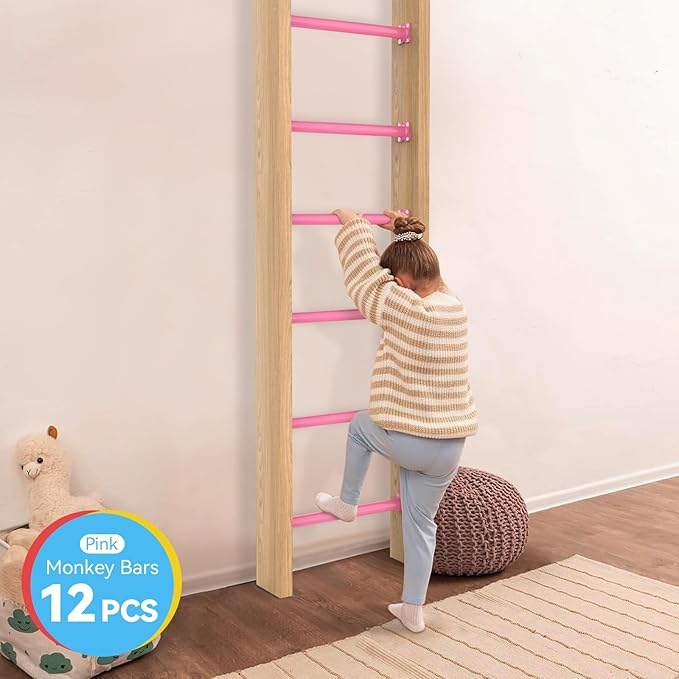 16.5 Inch Monkey Bars Kit Playground Ladder Rungs for Backyard Indoor Outdoor Kids Metal Bars Swing Set Playset Accessories (Pink, 12 Pcs)
