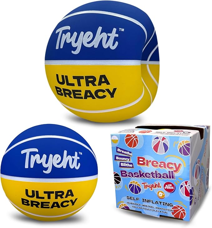 Mini Basketball, 5-Inch Self-Inflating Rubber Breacy Ball – No Pump Needed, High-Bounce for Indoor Mini Hoop & Outdoor Play, (Blue and Yellow)