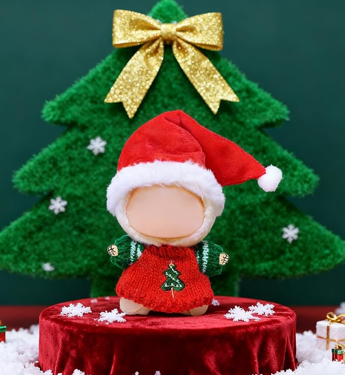 Christmas Doll Clothes Outfit Set for 15cm 17cm Dolls, Red Sweater & Santa Hat Clothing Accessories for Have a Seat Blind Box Dolls Series, Festive Dress Up