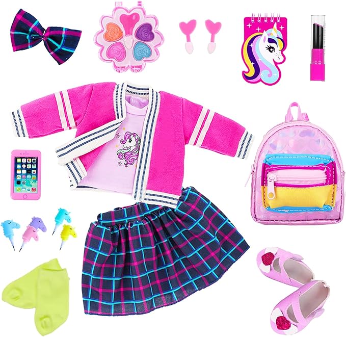 K.T. Fancy American 18 Inch Doll British Style Fashion Set 14 PCS Clothes & Accessory Collection with School Bag, Unicorn Stationery,Makeup Tools for 18" Dolls