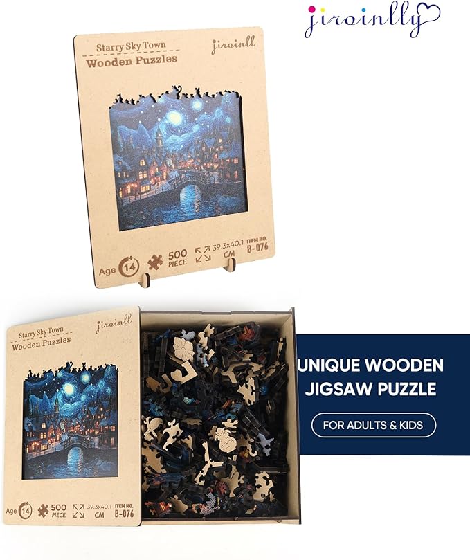 Jiroinlly Wooden Puzzles for Adults 500 Pieces, Starry Sky Town, 5MM Thick Adult Jigsaw Puzzles, Unique Shaped Puzzle for Family and Friends, Home Wall Decor, Exquisite Packaging Gift, 15.5x15.8 in