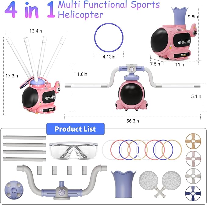 4-in-1 Music Jumping Toy Car,Dual Rotating Poles for Jumping & Dodging,Auto Flying Disc Launcher with Catching Net,Spinning Pole for Ring Toss,Kids outdoor toys,Games for Kids Boys and Girls (Pink)