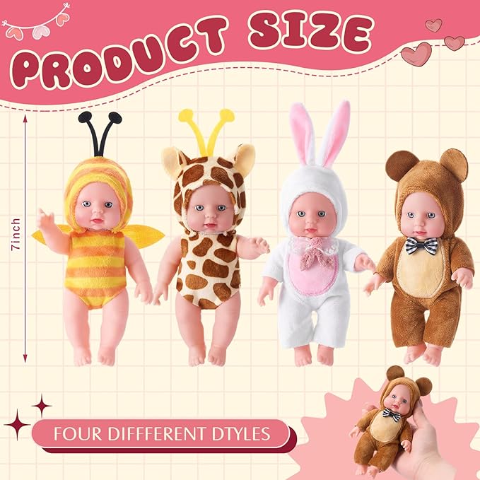 Halloscume 7 Inch Mini Baby Mini Reborn Doll Vinyl Full Body Lifelike Dolls Baby with Weighted Cloth Reborn Gift Set for Kids, Gifts for Christmas Kids (4 Pcs,Animal 1)