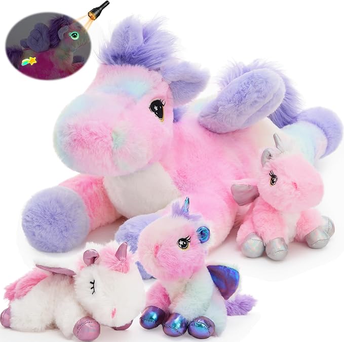 Tezituor Cute Unicorn Stuffed Animal,4 Pcs Plush Toy Set,Large Glow-in-the-Dark Unicorns Plushies with Wings,Giant Rainbow Pink Unicorn Big Stuffy Gifts for Girls Adults Valentines Christmas Birthday