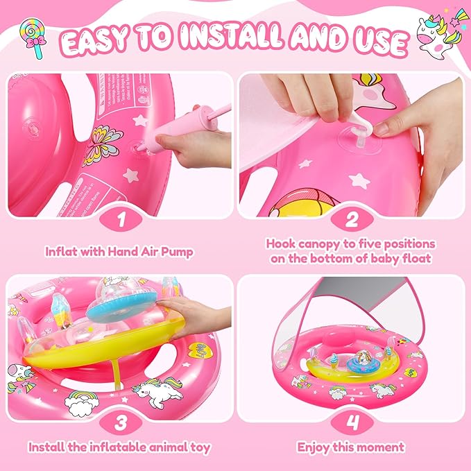 Baby Pool Float with UPF50+ Sun Protection Canopy, Inflatable Unicorn Baby Swim Float with Double Air Chambers, Adjustable Safety Seat & Toy Console Toddler Pool Float for 6-36 Months Boys Girls