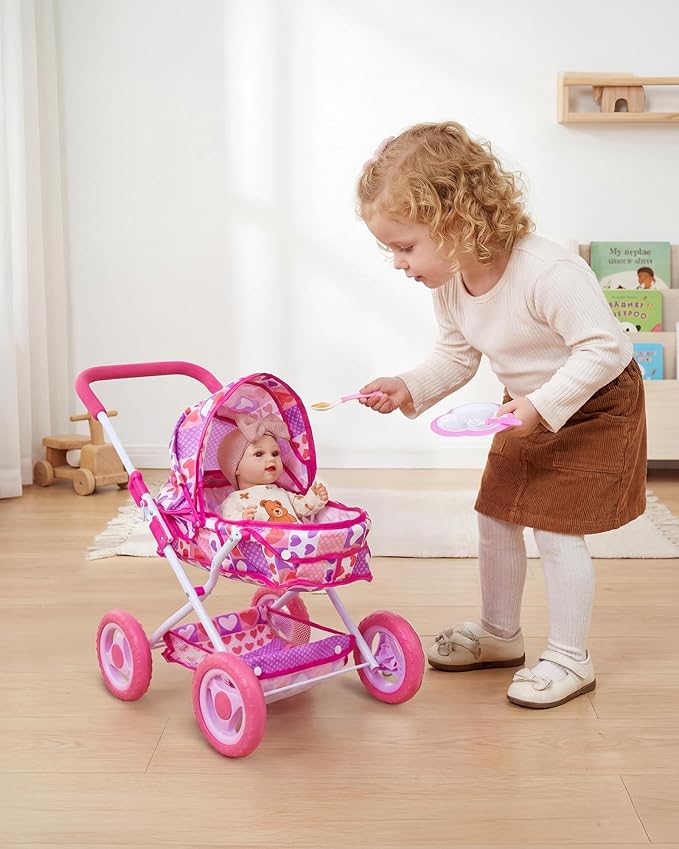 BABESIDE Baby Doll Stroller Set, 10-Piece Portable Doll Stroller with Baby Doll Accessories for Pretend Play, Feeding & Care Playset for Girls 3+, Fits 12-Inch Dolls (Doll Not Included)