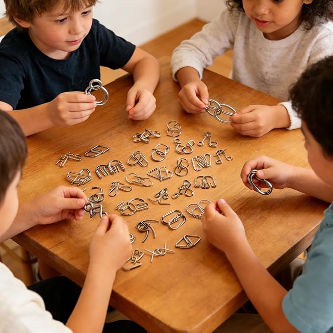 42 Pcs Brain Teaser Puzzles Set for Adults Kids – Vintage Wooden & Metal 3D IQ Game, Challenging Disentanglement Logic Puzzles, Family Party Favor Portable Travel Pouch Set