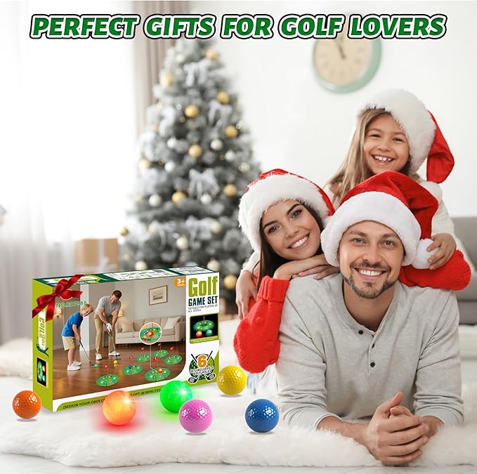 VATOS Light up Golf Putting Game Set - Glow Golf Toy with 6 LED Holes, 6 Balls (2 Glow), Extendable Putter, Build Your Own Course at Home Indoor Outdoor Yard Office Golfs Gifts for Kids Adults Golfer