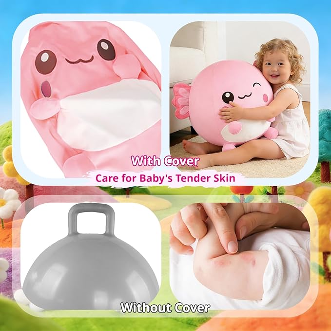 Hopper Ball for Kids 5-8, 29in/73cm Salamander Stuffed Animal, Inflatable Axolotl Gifts for Girls First Birthday Gift, Outdoor Indoor Soft Play Equipment, Pink(Pump Included)