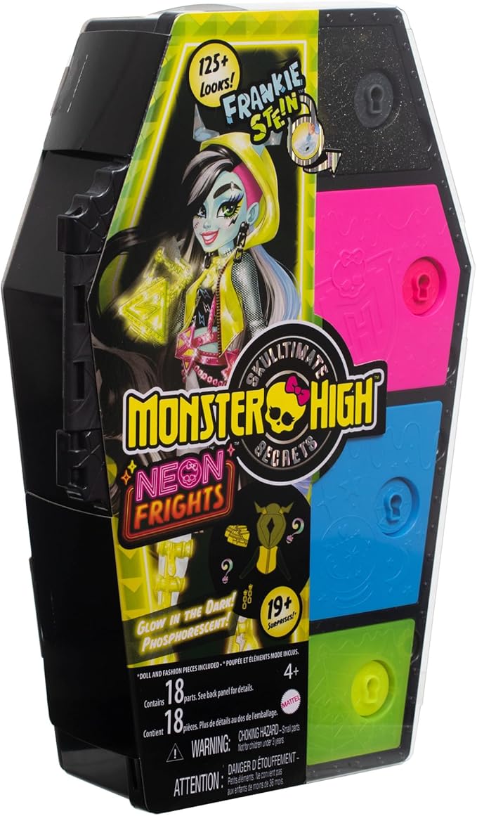 Monster High Skulltimate Secrets Neon Frights Doll & Accessories, Frankie Stein with Dress-Up Locker & 19+ Surprises
