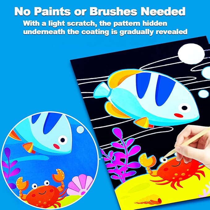JUNQIU Scratch Art for Kids, Ocean Animals Black Rainbow Scratch Art Paper Set-Arts and Crafts Kits & Supplies, Party Games & Activity, Gifts for Toddlers Girls & Boys Birthday Christmas