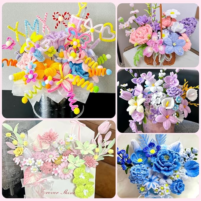 Praisebank Blue Pipe Cleaners for Crafts (400pcs with Instruction), Flower Making Kit, Chenille Stems for DIY Projecets, Arts & Crafts Supplies for Festival Party Decorations