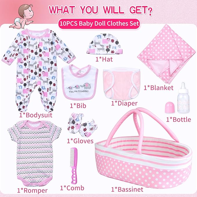10Pcs Reborn Baby Doll Clothes with Bassinet Blanket Diaper fit 17-22 inch Reborn Dolls Cute Pink Baby Doll Clothes and Accessories Set Newest Design Christmas Gift