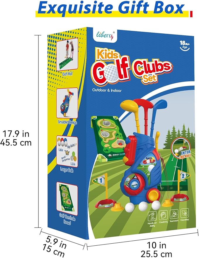 Liberry Toddler Golf Set for 2 3 4 5 Years Old Boys Girls, Upgraded Kids Golf Cart with Golf Cornhole Board & Putting Mat, Indoor and Outdoor Golf Toys Birthday Gifts