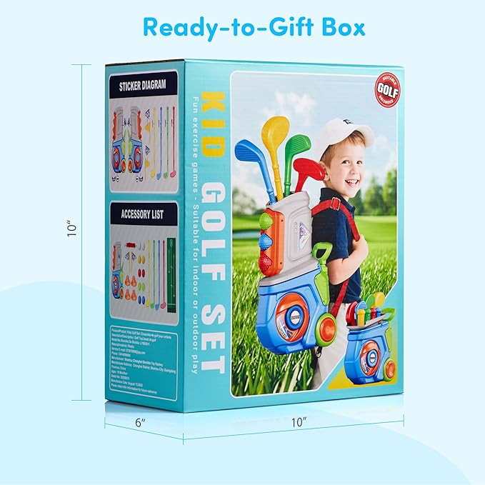 PJG Toddler Golf Set with Mat, Plastic Kids Golf Clubs Ages 1 2 3 4 5 Years Old with 4 Golf Clubs and 10 Balls, Toddler Golf Toys with Cart for Boys and Girls Birthday (Blue)