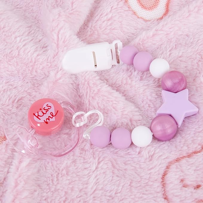Aori Pacifier Clips for Rebron Baby Dolls Holders Silicone Chain with Magnetic Pacifier -Purple