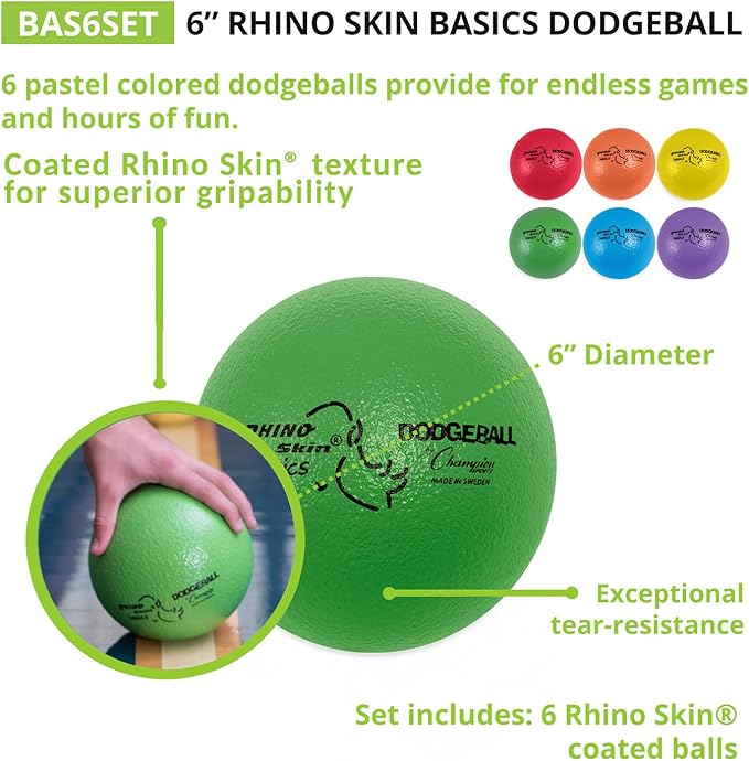 Champion Sports Rhino Skin Dodgeball Set – 6 Soft Foam Balls with Durable Coating, 6" or 7" for Gym, Playground Play